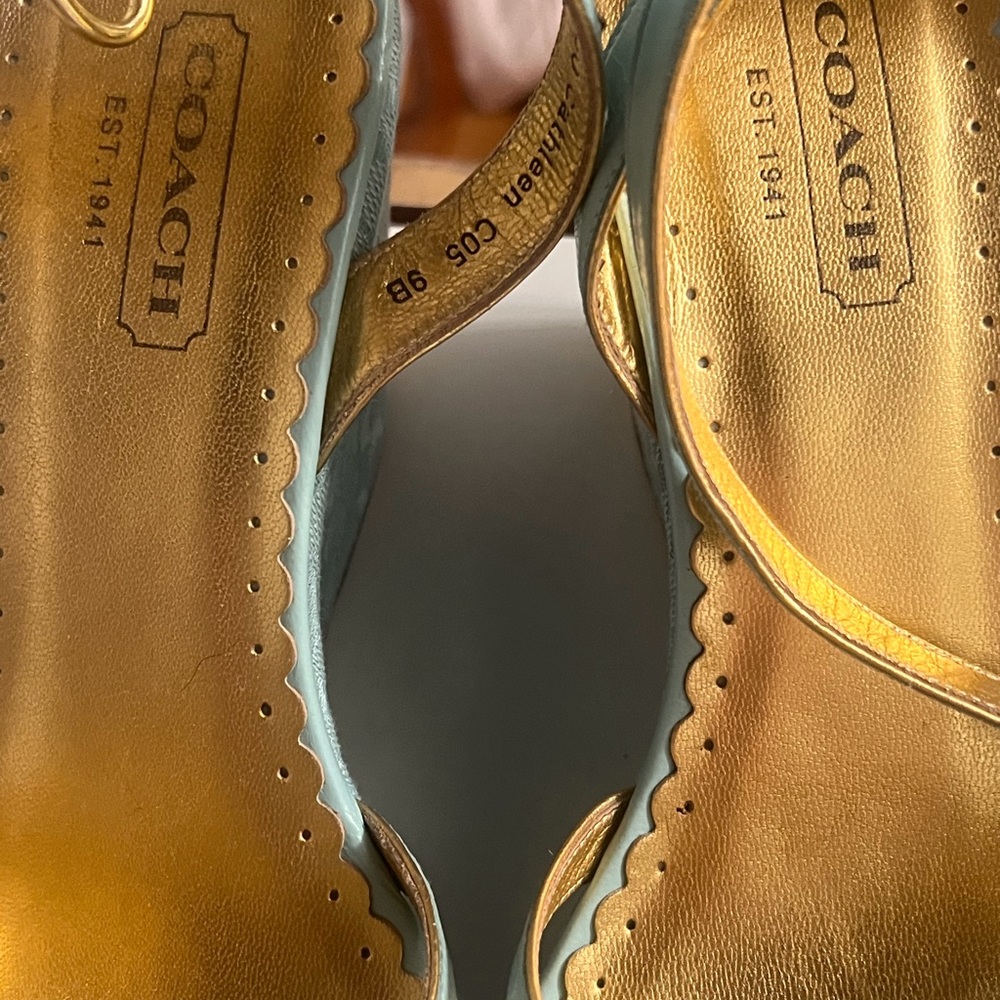 Coach Women's Light Blue and Gold Wedge Sandals - Picture 6 of 10